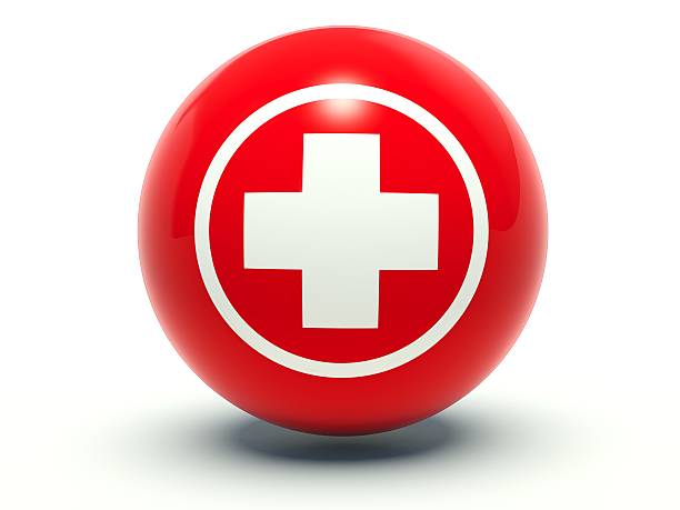istock Red first aid medical cross sign. 3d render illustration. 529219905