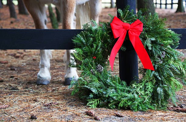 Christmas wreath on ground with horse standing nearby stock photo