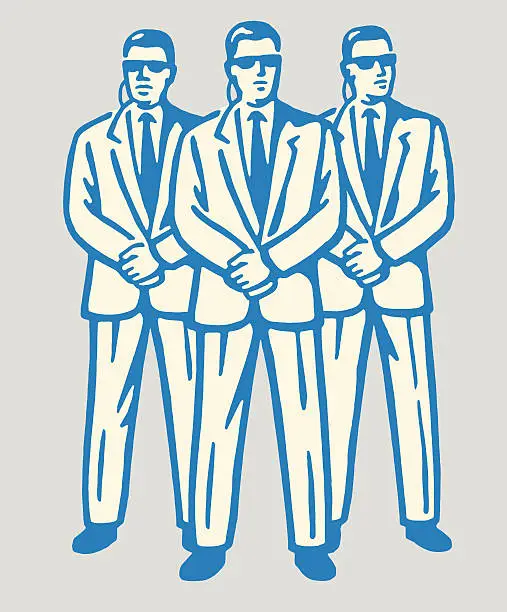 Vector illustration of Three Suited Men Working Secret Service Security