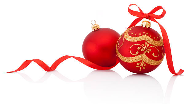 istock Two Red christmas decoration balls with ribbon bow isolated 529225331