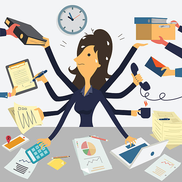 Very busy businesswoman Businesswoman working with eight hands, representing to very busy business concept. tired woman coffee stock illustrations