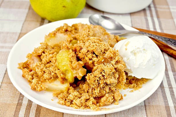 istock Crumble with pears in plate on tablecloth 529238495