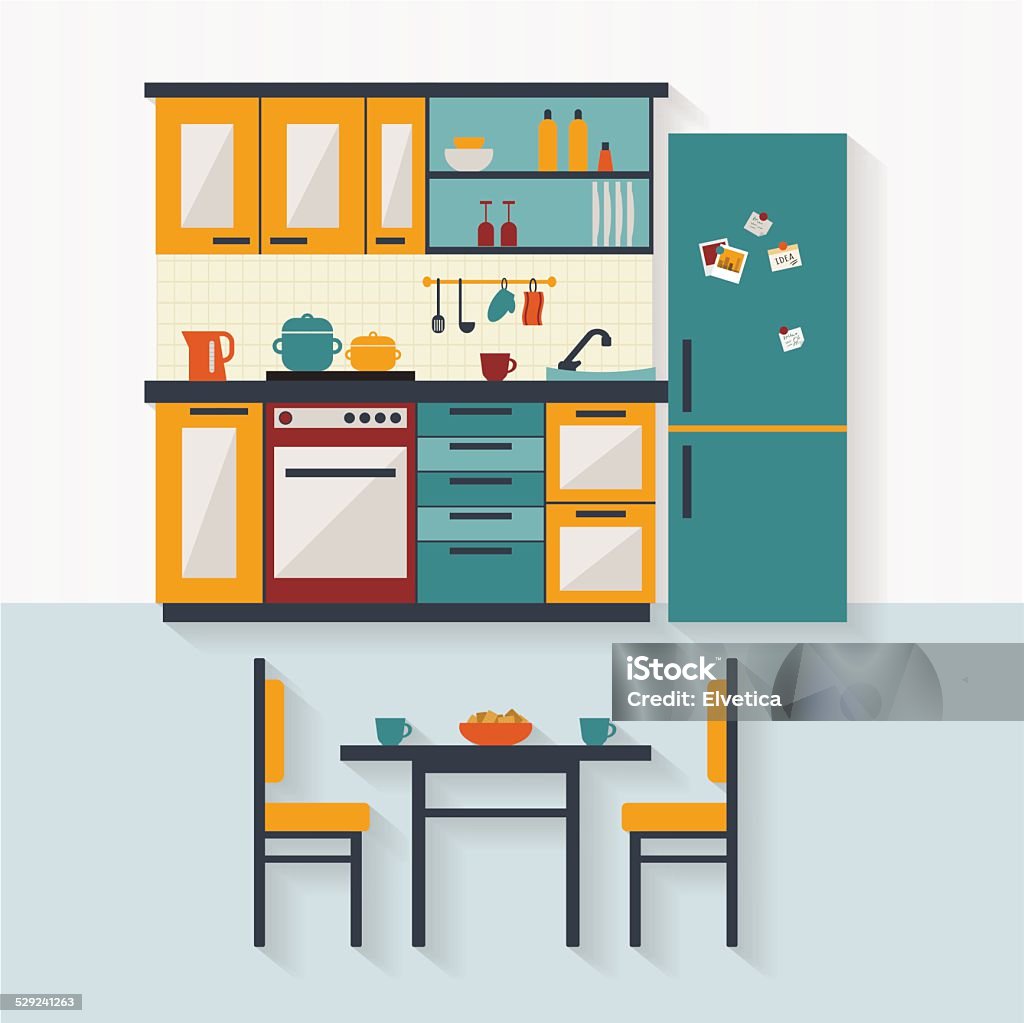 Kitchen with furniture flat illustration Kitchen utensils and furniture. Colorful kitchen dishes collection. Flat style vector illustration. Apartment stock vector