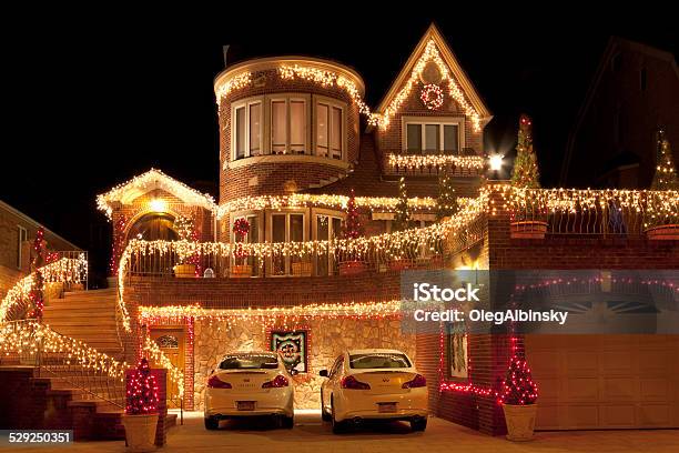 Luxury Brooklyn House With Christmas Lights At Night New York Stock Photo - Download Image Now