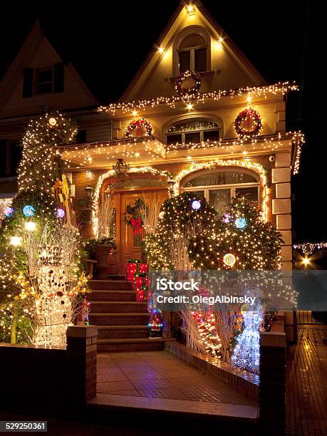 Luxury Brooklyn House With Christmas Lights At Night New York Stock Photo - Download Image Now