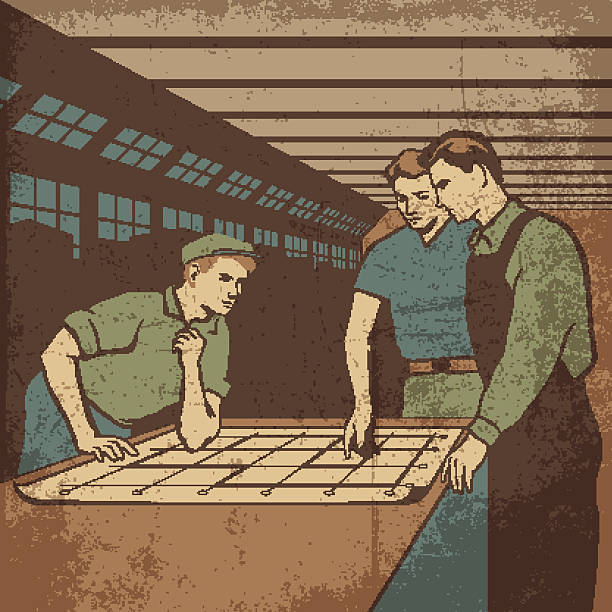 Group of workers having a meeting after work in the plant retro vector illustration