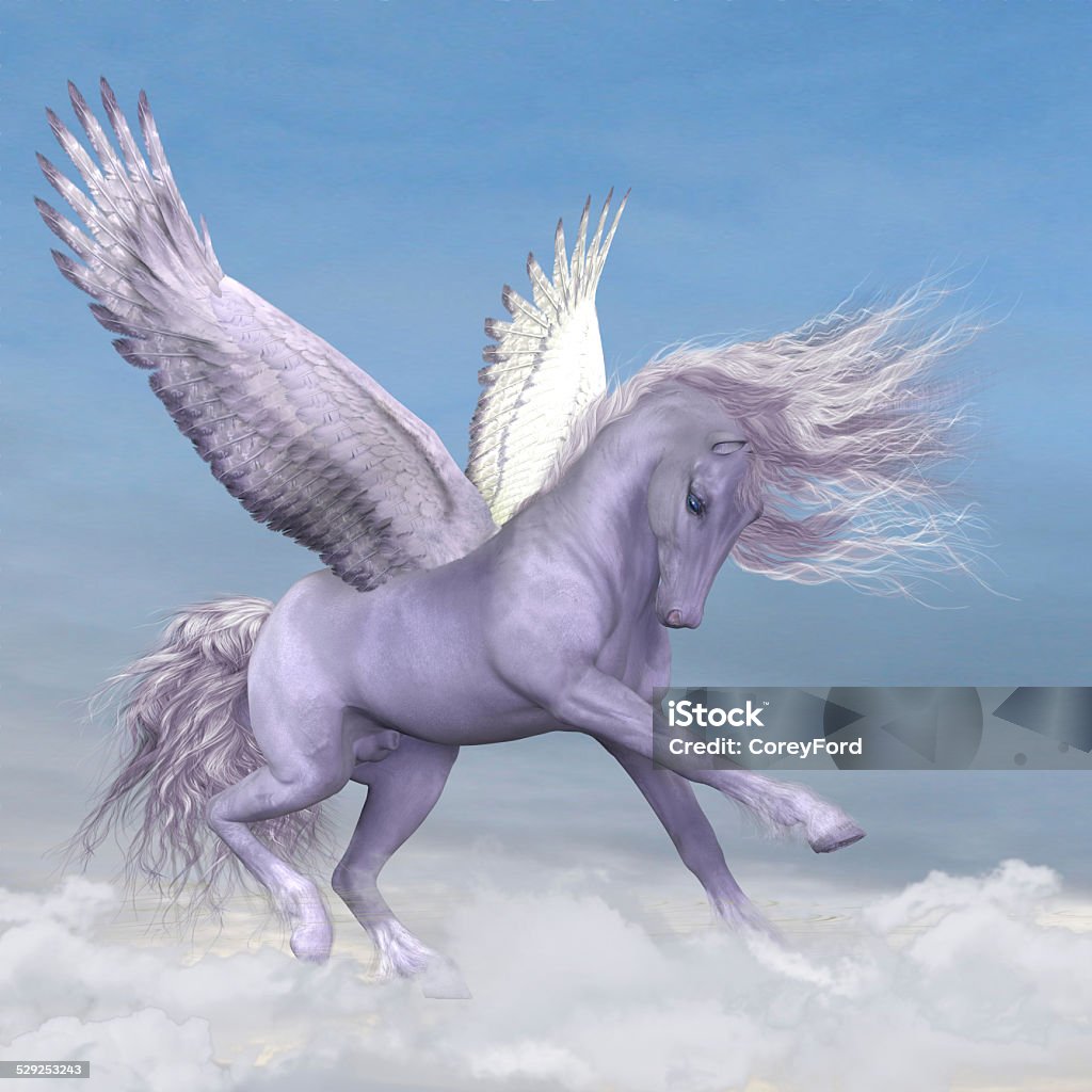Pegasus among the Clouds Silver white Pegasus plays and frolics among fluffy cumulus clouds. Pegasus Stock Photo