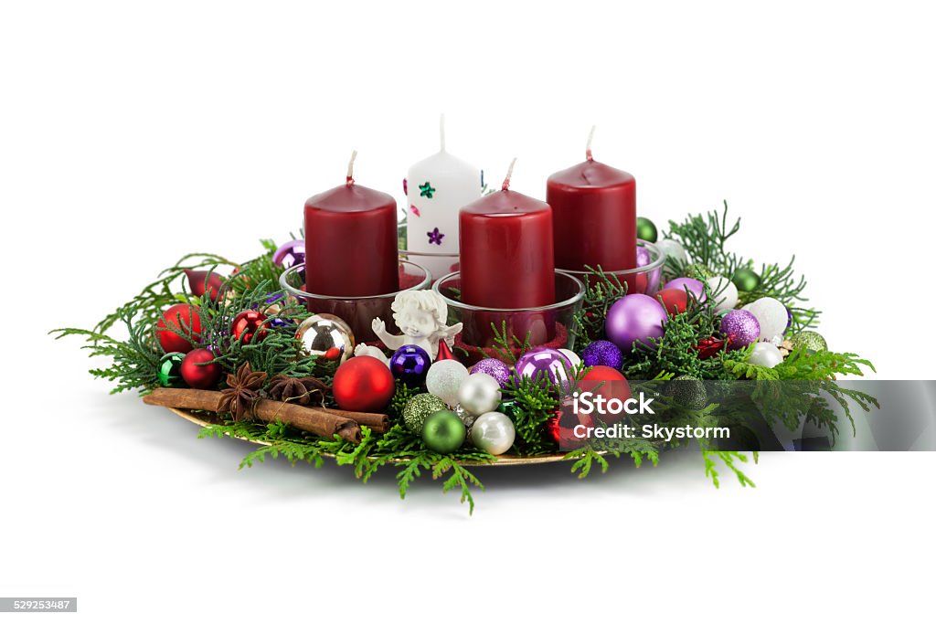 Advent wreath Advent wreath with Christmas balls isolated against white background Advent Stock Photo