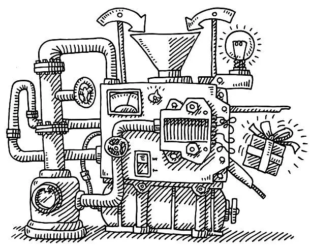 Vector illustration of Machine Funnel Lightbulb Gift Box Drawing