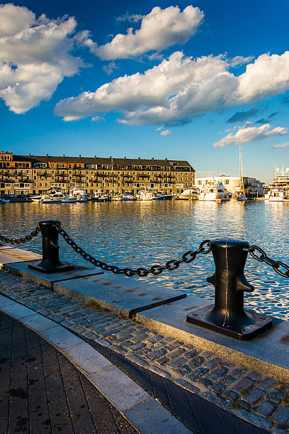 Relaxing view of Boston's Financial Downtown from the Fan Pier Park waterfront at sunset.