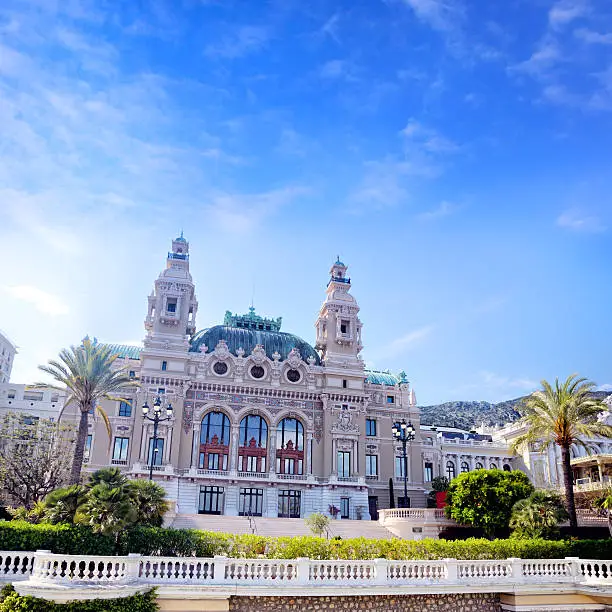 Seaside facade of the Salle Garnier, Opera de Monte-Carlo, Monaco. It opened in 1879