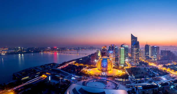 panoramic night view of Hangzhou, china