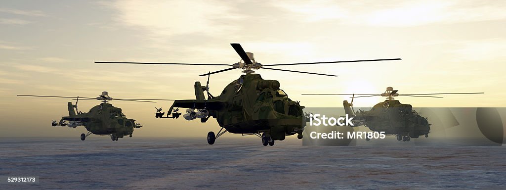 Soviet attack helicopters Computer generated 3D illustration with Soviet attack helicopters of the cold war Russian Military Stock Photo