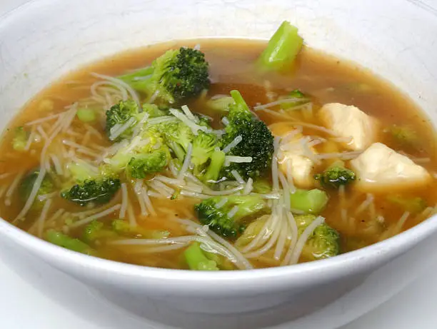 Photo showing a bowl of homemade chicken noodle soup / broth isolated on a white background. This is a low calorie meal made with broccoli and rice noodles, which are low in carbohydrate. This dish is part of a healthy eating, low fat diet plan.