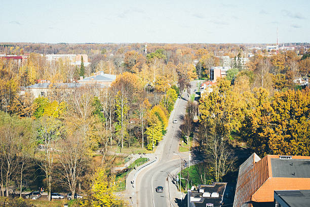 istock small town panoramic view from above in the autumn. Retro 529316485