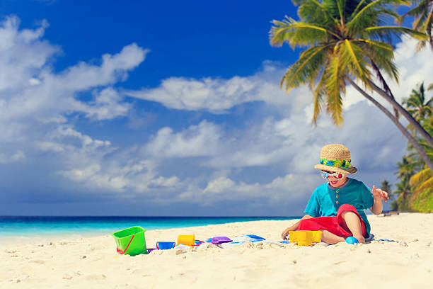 istock little boy building sand castle on beach 529330401