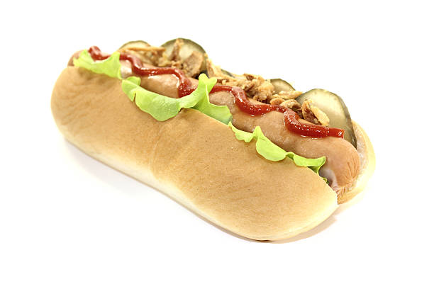 istock Hot dog with ketchup, salad and fried onions 529355159