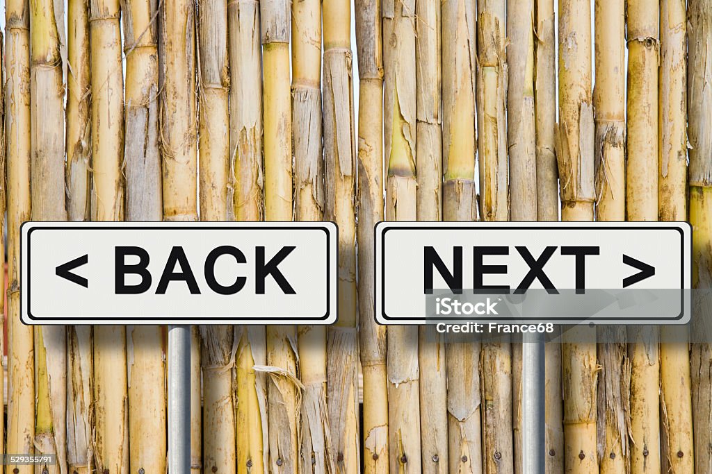 Back and Next The words "Back and Next" written on a road sign against a fence wattle Abstract Stock Photo