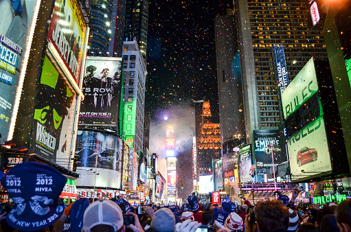 New York, United States - December 31, 2011: Fireworks and confetti display as the ball drops on New Year's eve in Time Square in 2012