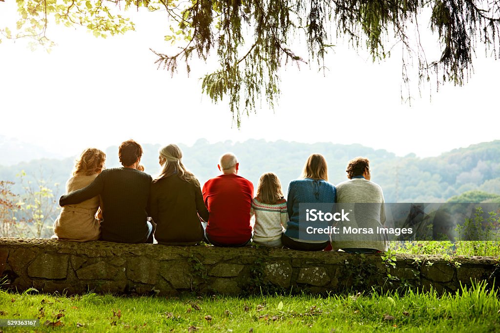 Multi-generation family relaxing on retaining wall Rear view of multi-generation family relaxing in row on retaining wall against clear sky Multi-Generation Family Stock Photo