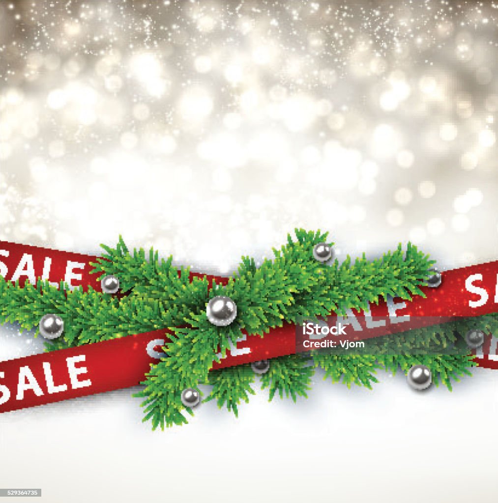 Sale christmas background. Christmas red sale ribbons with spruce branches. Vector winter illustration. Bush stock vector