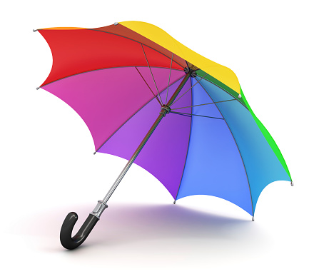 Creative abstract concept: color rainbow umbrella with black handle isolated on white background