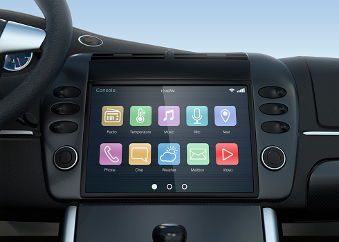 Smart touch screen multimedia system for automobile. Original design and 3D rendering image.