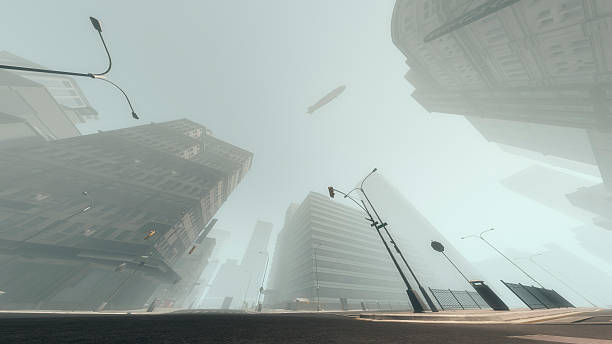 istock Zeppelin flying over skyscraper city in the mist. 529368569
