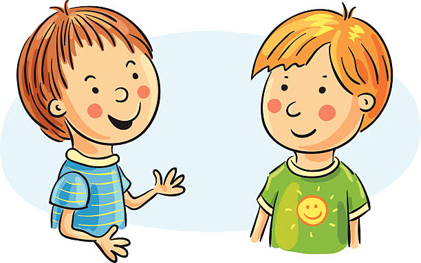 ilustraciones, imágenes clip art, dibujos animados e iconos de stock de dos niños hablando de historieta - two boys illustrations