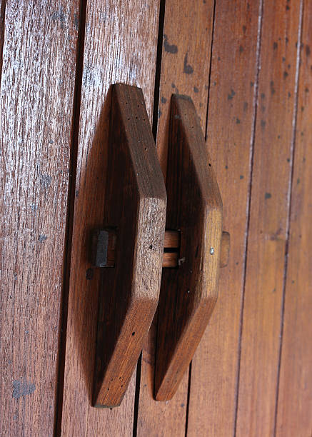 istock Door handle on brown wood door 529371135