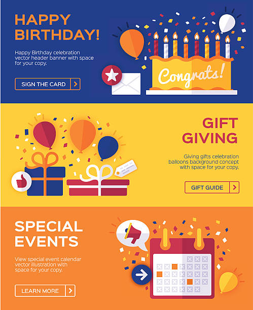 Birthday and Celebration Banners Happy Birthday, gift giving, special events and celebrations banner concepts with space for your copy. 851x315. EPS 10 file. Transparency effects used on highlight elements. congratulating illustrations stock illustrations