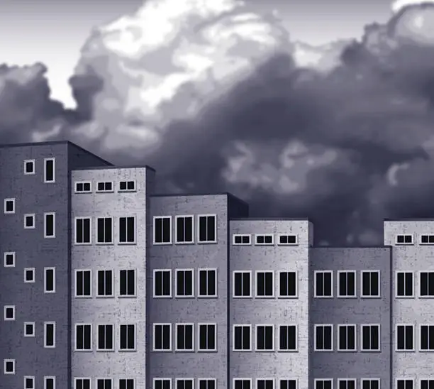 Vector illustration of urban landscape with empty buildings and stormy clouds