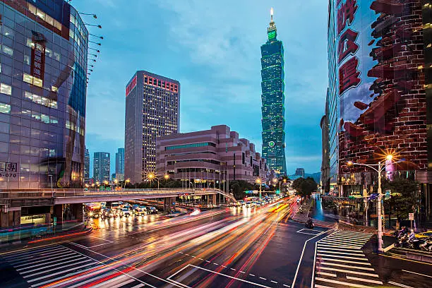 Traffic in Taipei at dusk.