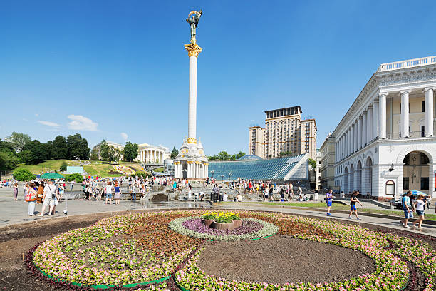 Maidan Nezalezhnosti (Independence Square) is the central square of Kiev, the capital city of Ukraine. It is located on the Khreshchatyk Street. The monument in the middle is called Berehynia which is a female spirit in Slavic mythology.