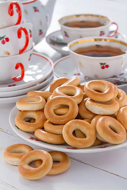 Russian tea party - black tea, ring-shaped bread