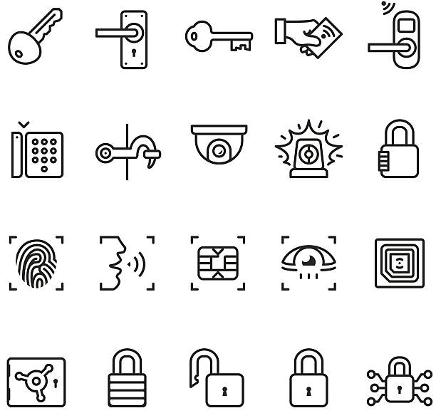 illustrazioni stock, clip art, cartoni animati e icone di tendenza di sistema di controllo accessi icone-unico pro series - key locking lock symbol