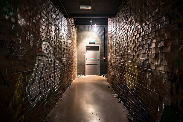 Gloomy dark alley with door