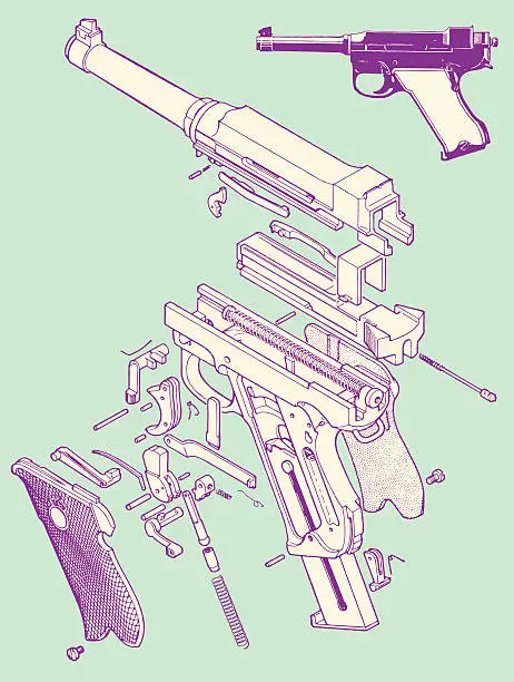 Vector illustration of Gun Pieces Put Together to Make Handgun