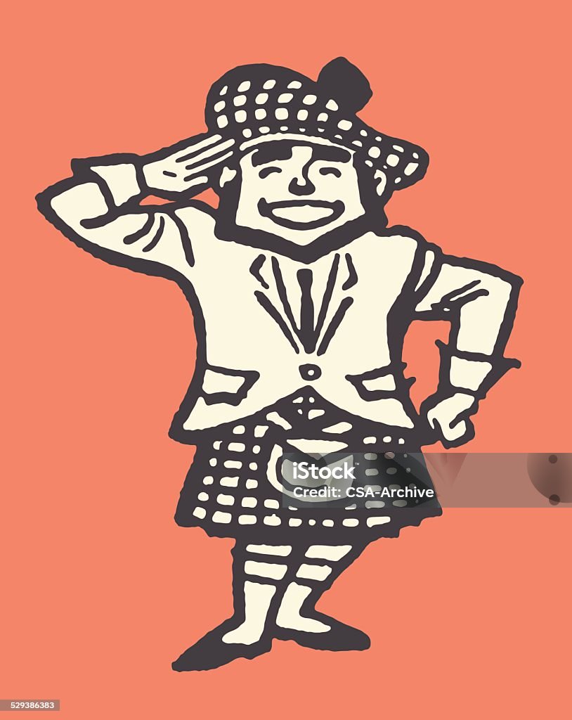 Hombre en falda escocesa hacer un saludo - arte vectorial de Falda Escocesa libre de derechos
