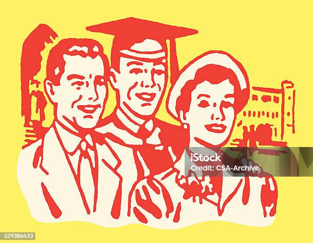 Ilustración de Macho Graduate Con Sus Padres y más Vectores Libres de Derechos de Graduación - Graduación, Madre, Padre