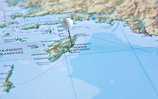 istock Pin on map with Rhodes island 529387215