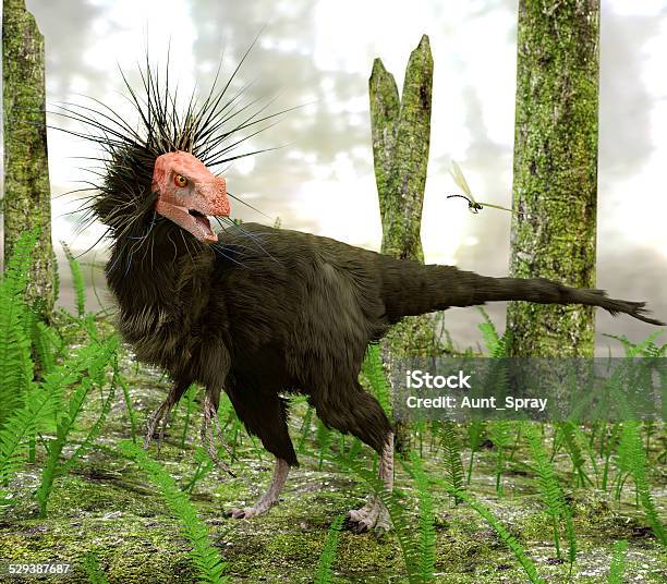 Dinosaur Ornitholestes In Swamp Forest Stock Photo - Download Image Now - Dinosaur, Feather, Animal