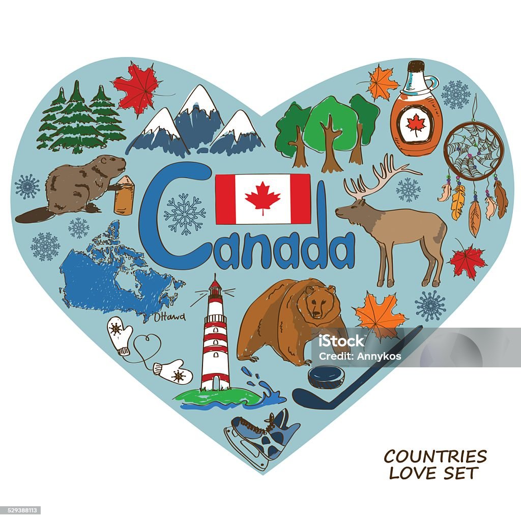 Canadian symbols in heart shape concept. Colorful sketch collection of Canadian symbols in heart shape concept. Travel background Animal stock vector