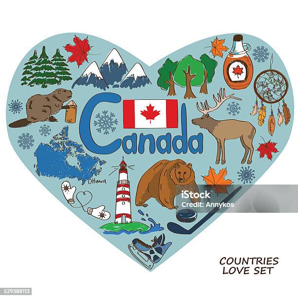 Canadian Symbols In Heart Shape Concept Stock Illustration - Download Image Now - Animal, Animal Wildlife, Animals In The Wild