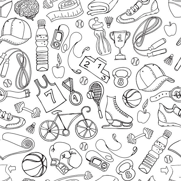 черный и белый вид спорта и фитнеса doodle pattern seamless - computer icon symbol bicycle backgrounds stock illustrations