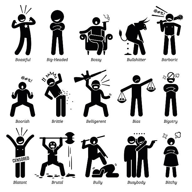 Negative Personalities Character Traits. Stick Figures Man Icons. Negative personalities traits, attitude, and characteristic. Boastful, big-headed, bossy, bullshitter, barbaric, boorish, brittle, belligerent, bias, bigot, blatant, brutal, bully, busybody, and bitchy. dominatrix stock illustrations