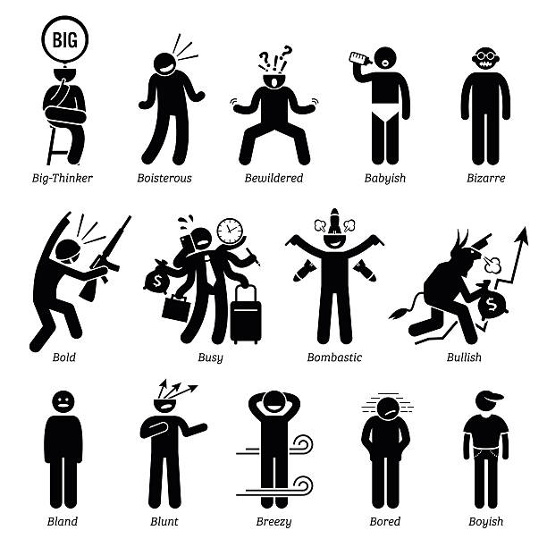 Neutral Personalities Character Traits. Stick Figures Man Icons. Neutral personalities traits, attitude, and characteristic. Big-thinker, boisterous, bewildered, babyish, bizarre, bold, busy, bombastic, bullish, bland, blunt, breezy, bored, and boyish. blunt stock illustrations