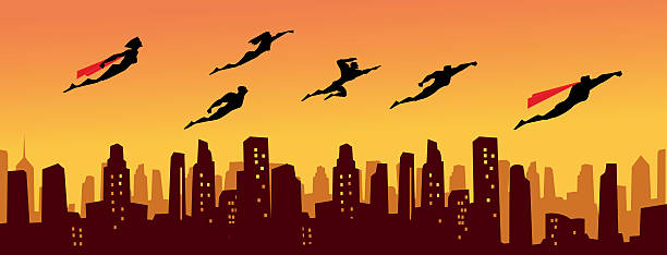 Superhero Legion above the City A vector silhouette style illustration of a team of superheroes flying above the city. Perfect for website header or Facebook cover. AICS5 included. high up city stock illustrations