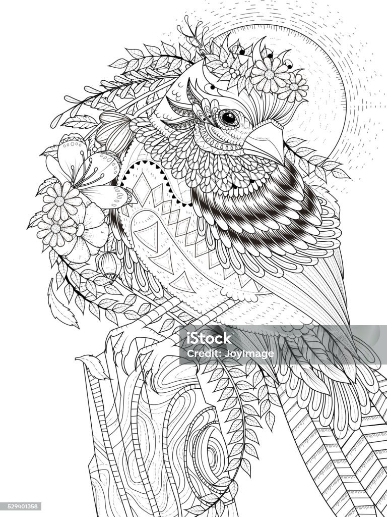 beautiful sparrow adult coloring page adult coloring page - beautiful sparrow with flowers Adult stock vector