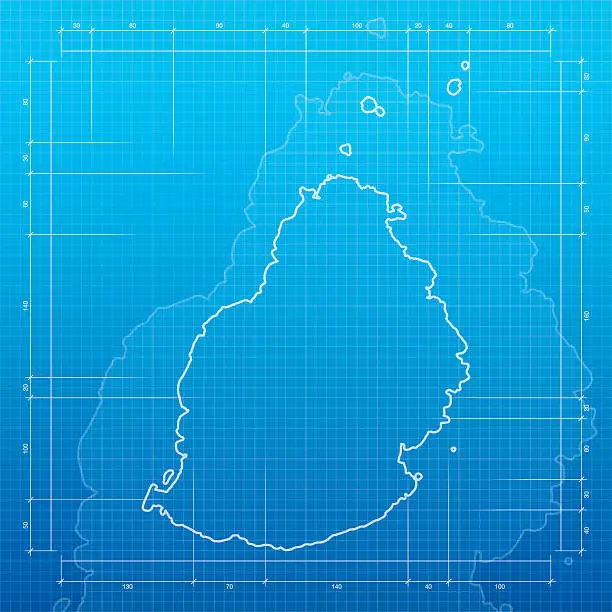 Vector illustration of Mauritius map on blueprint background